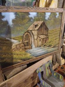 lot 62115 image: 3 5 x 2 5Watermill Landscape Oil Painting with Carved Frame