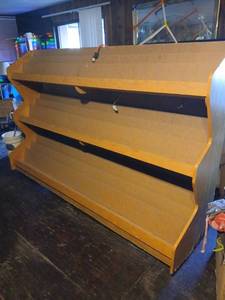 lot 92001 image: Wooden Display Shelf Unit with Multi-Tiered Design 8 ft long, 3 ft tall