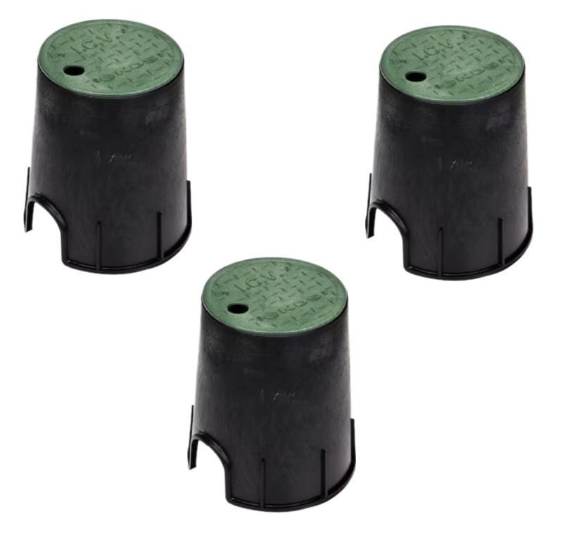 lot 187 image: 3 New NDS 6 Round Valve Box and Cover, Black Box, Green ICV Cover