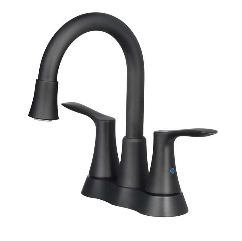 lot 20 image: New allen  roth Brookes 4-in centerset 2-handle WaterSense High-Arc Residential Handle Bathroom Sink Faucet w Drain, Matte Black