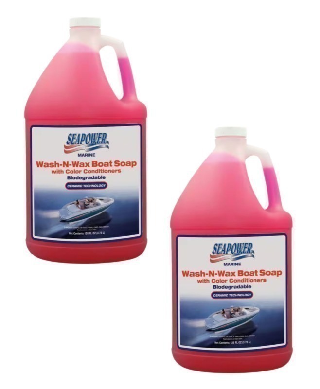 lot 356 image: 2 New SeaPower 1 Gal. Marine Wash-N-Wax Boat Soaps w Color Conditioners. Comes as pictured 2 bottles