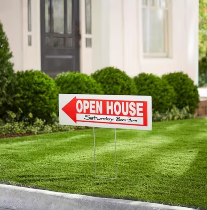 lot 156 image: Bundle of Six 6 in. x 24 in. Plastic Open House Real Estate Yard Sign