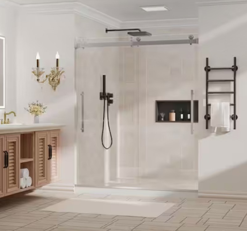 lot 4 image: 56 in. 60 in. W x 74 in. H Sliding Frameless Shower Door in Brushed Nickel Finish with Tempered Clear Glass (SD02BS6074) Retails $469