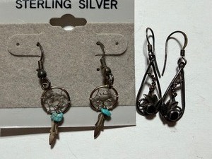 lot 57 image: Sterling Earrings - Native American Dream Catcher w Turquoise and Flower w Stone