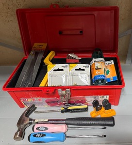 lot 63 image: Plastic Tool Box w Misc Tools - Hammer, Screwdrivers and More (very clean and most new or like new)
