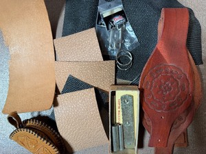 lot 110 image: Leather Strap Cutter Tool, Crafting Pieces and Finished Pieces