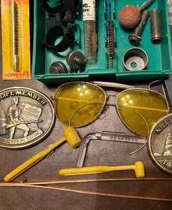 lot 633 image: Reloading Equipment - Misc Pieces from Bench, NRA Belt Buckles and MORE