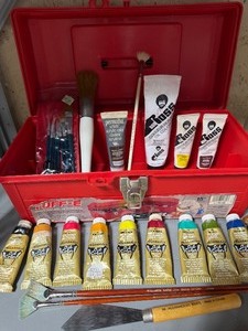 lot 115 image: Plastic Toolbox w Paints, Artist Brushes, Bob Ross Items and MORE