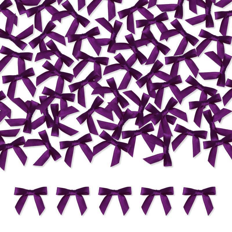 lot 54226 image: Meseey 100 Pcs 1.5 Inches Premade Craft Bows Self Adhesive Violet Purple Satin Ribbon Bows for Treat Bags Gift Wrapping Basket Wedding Baby Shower Brithday Party(Violet)