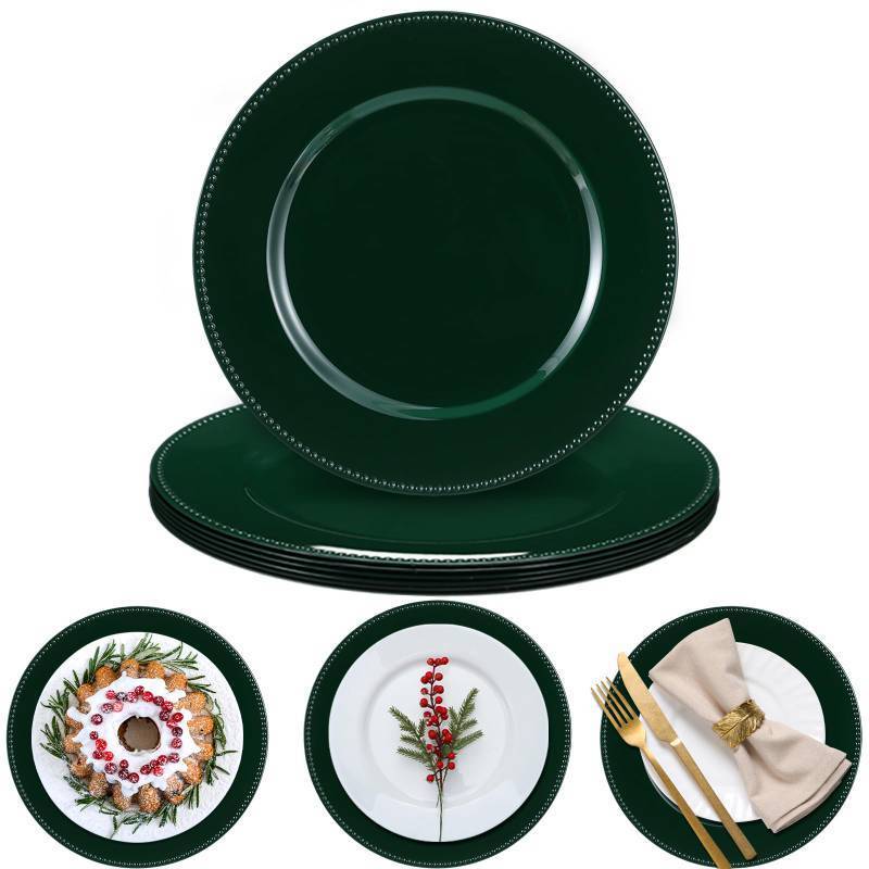 lot 23773 image: Bokon 6 Pack Christmas Charger Plates 13 Round with Beaded Plastic Charger Plates Elegant Reliable Reusable for Holiday Wedding Party Event Xmas Table Tabletop Dinner Decoration(Green,Classic)