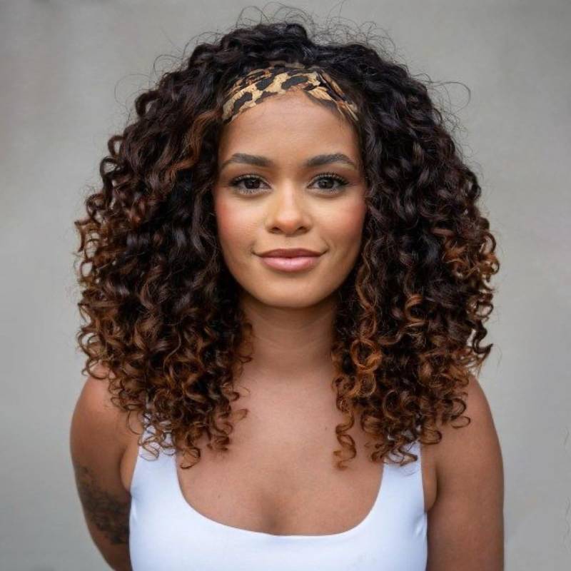 lot 29014 image: CINHOO Deep Curly Brown Headband Wigs for Black Women 12inch Short Shoulder Ombre Dark Brown Length Headband Wig for Women Curly Half Wigs with Headbands Attached Daily Use (1B30)