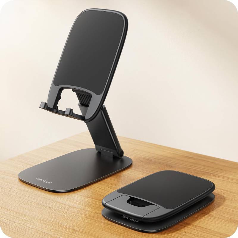 lot 29040 image: Lamicall Ultra-Thin Cell Phone Stand for Desk - Height Adjustable Foldable Desktop Phone Holder, Portable Mobile Stand, Office Desk Accessories for iPhone 17 16 15 14 13 Pro Max Air, Galaxy S25, S24