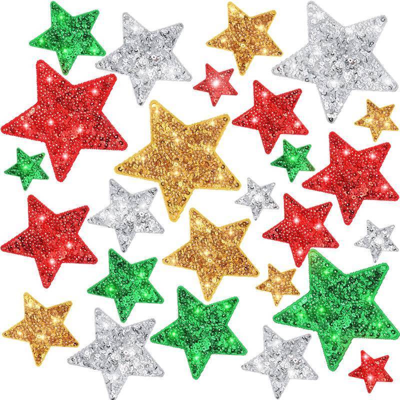lot 29083 image: Daifunli 24 Pcs Sequin Iron on Patches in 4 Embroidered Decorative Shiny Patches for Clothing Bags Jackets Jeans Hats Backpacks Costume Accessory(Christmas Color, Star)