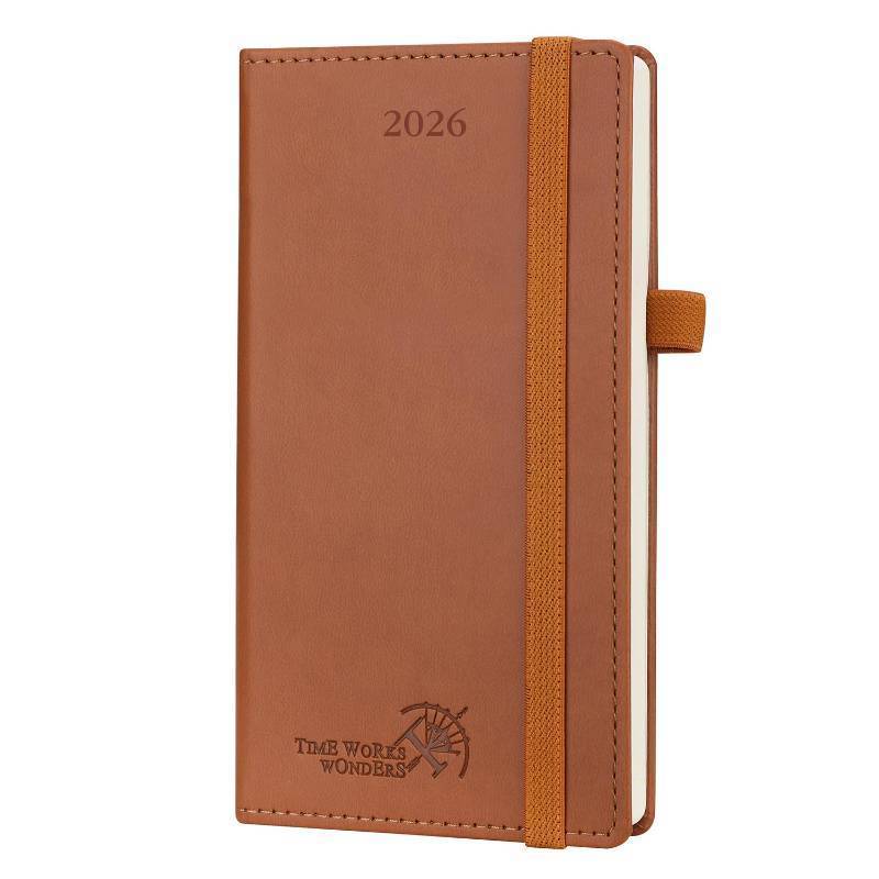 lot 29109 image: POPRUN Pocket Calendar 2026 (Slim Size-3.5 x 6.5), 12 Months (Jan. - Dec. 2026) Small Planner Weekly and Monthly for Purse with Pen Holder, Storage Pocket, Vegan Leather Hardcover - Brown