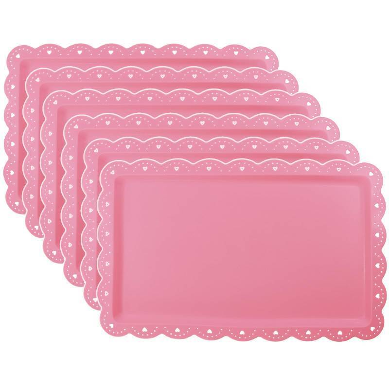 lot 39286 image: Set of 6 Plastic Serving Trays Food Tray - 14 x 9 Rectangle Serving Platter for Party Cafeteria Kitchen Restaurant, Small Flat Trays for Dessert Fruit Cookie Snack (6, Pink)