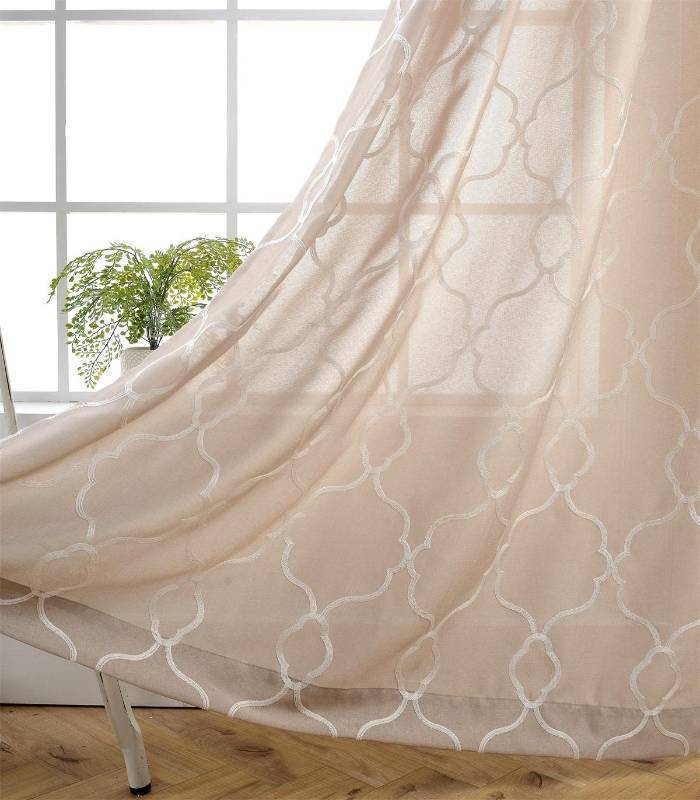 lot 54620 image: MIUCO Moroccan Embroidery Semi Sheer Curtains Faux Linen Grommet Window Curtains for Bedroom 52 x 63 Inch 2 Panels, Linen