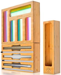 lot 3805 image: Maxpray 9 IN 1 Bamboo Foil and Plastic Wrap Organizer for Kitchen Drawer, Plastic Bag Organizer Organization and Storage, Food Storage Bag Organizer with Labels for Quart Gallon Snack Sandwich