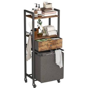 lot 3806 image: 2 Tiers Laundry Hamper with Fabric Drawer and 2 Wooden Shelves, Laundry Basket with Removable Bag and 8 Storage Hooks, Laundry Sort with Divided Bag for Laundry Room, Bathroom, Bedroom, Dorm