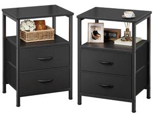 lot 3807 image: Huuger Night Stand Set of 2, Nightstand with 2 Drawers, Bed Side Table with Open Shelf, Wooden Top, End Table, Fabric Drawer, for Bedroom, Black