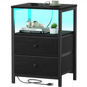 lot 3815 image: BOLUO Black Nightstand with Charging Station, LED Night Stand with 2 Fabric Drawers, Bedside Table with USB Ports and Outlets, Nightstand for Bedroom Modern