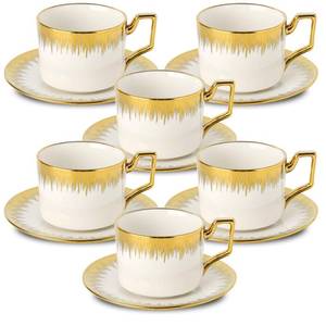 lot 3818 image: LETAOTAO Cappuccino Cups with Saucers, 8.5 oz Stackable Ceramic Coffee Cup and Saucer with Gold Trim, Turkish Coffee Cups Set for Double Espresso, Tea Cups Set of 6, White
