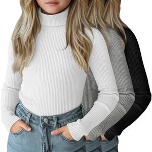 lot 24065 image: LessonZoo 3 Pack Girls Turtleneck Long Sleeve Shirts Ribbed Knit Cotton Layer Tops Slim Fit Casual Undershirts (Black, White, Light Gray, Large Youth)