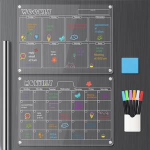 lot 24075 image: Hivillexun 16.5x12 Clear Acrylic Magnetic Dry Erase Calendar Board with Monthly & Weekly Planner, 6 Markers & Large Eraser for Fridge, Office, Home (White)