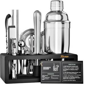 lot 24097 image: Mixology Bartender Kit with Stand - 15 Piece Bar Tool Set, Silver Bar Set Cocktail Shaker Set for Drink Mixing - Includes Martini Shaker, Jigger, Strainer, Bar Mixer Spoon, Tongs, Opener  Gift Idea