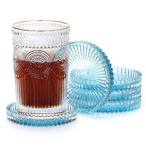 lot 24103 image: JUXYES 5 Pack Clear Blue Crystal Coasters Round Cup Mat, Glass Coasters for Drinks Coffee Tea Wine, Decorative Wine Bottle Coaster, Crystal Drink Coasters for Restaurant bar Kitchen Dining Table