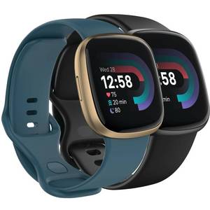 lot 29457 image: Nacorulu Compatible with Fitbit Versa 4  Versa 3  SenseSense 2 Bands, Soft Silicone Replacement Band for Women Men 2 Pack (Black_Waterfall Blue, Small(5.5-7.1))