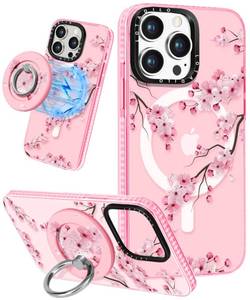 lot 29472 image: Lotadilo for iPhone 14 Pro Case for Women - Girls Kawaii Design Compatible with Magsafe Magnetic Ring Holder Stand Peach Blossom Phone Covers Aesthetic Girly TPU Funda for 14 Pro