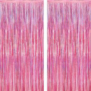 lot 29496 image: 2 Pack Glitter Pink Backdrop, 3.28 FT x 7.05 FT Birthday Party Decorations, Laser Pink Fringe Curtains Foil Streamer Tinsel, Pink Curtains Photo Backdrop Happy Birthday Valentines Day Backdrop