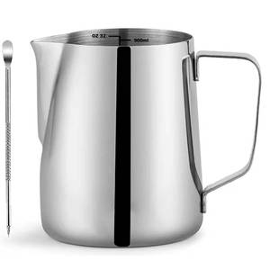 lot 29511 image: CAMKYDE Stainless Steel Milk Frothing Pitcher 32 oz, Espresso Steaming Pitcher with Decorating Pen for Espresso Machines, Cappuccino, Latte Art (Silver)