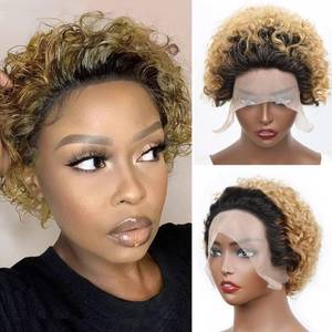 lot 29514 image: Ombre Lace Front Wig Human Hair Short Pixie Wigs for Black Women Honey Blonde Pixie Cut Wigs Lace Front Bob Wigs Human Hair Pre Plucked 13x1 HD Transparent Pixie Wig 150% Density Curly Short Lace Wig