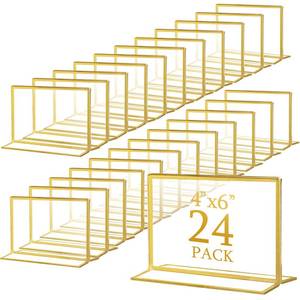 lot 39615 image: Hoteam 20 Pack 6 x 4 Clear Acrylic Sign Holder with Gold Borders, Gold Picture Frame, Double Sided Wedding Table Number, Acrylic Menu Stands for Wedding Table, Restaurant Sign, Photos Display