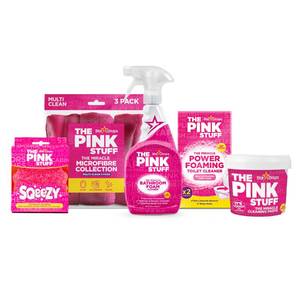lot 39625 image: Stardrops - The Pink Stuff Bathroom Cleaning Kit Cleaning Paste, Bathroom Foam Spray, Toilet Foaming Powder, SQeeZY Sponge & 3 Microfiber Cloths Tough on Stains, Grease & Soap Scum