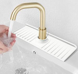lot 39627 image: YATOISUR Sink Splash Guard 14.4 x 5.4 - Sink Faucet Mat with Faucet Water Catcher Mat & Soap Dish & Sponge Holder 3 in 1 - Silicone Faucet Handle Drip Catcher Tray for Kitchen RV & Bar Faucet, White