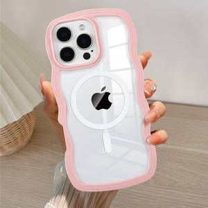 lot 39640 image: QLTYPRI Magnetic for iPhone 16 Pro Case Compatible with Magsafe, Cute Curly Wave Frame Clear Case for Girls Women, Transparent TPU Bumper Shockproof Protective Phone Cover - Pink