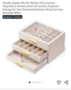 lot 48240 image: White Jewelry Box with Glass Lid and 3 Drawers