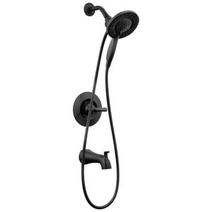 lot 48243 image: Delta Arvo 14 Series Matte Black Bathtub Shower Faucet Set with In2ition 2-in-1 Dual Shower Head with Handheld Spray Combo, Valve Trim Kit, Matte Black 144840-BL-I (Valve Included)