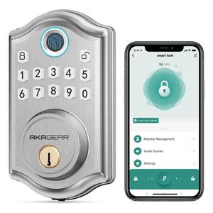 lot 48256 image: AkaGear DS10 Pro Keyless Entry Door Lock with APP Control - Fingerprint Electronic Keypad Door Lock, Smart Locks for Front Door, Auto-Lock & One Touch Locking with Bluetooth - Satin Nickel