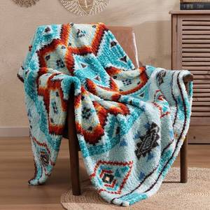 lot 48267 image: CASAAGUSTO Boho Sherpa Throw Blanket, Aztec Throw, Ultra Soft, Warm, Cozy, Plush, Thick Fleece Bohemian Throw Blanket for Couch, Bed, Sofa (Aqua 50  60 Inch)