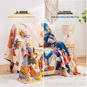 lot 48276 image: XIBLC Boho Throw Blanket, 100% Cotton Ultra Soft Luxury Throw Rustic Quilt, 50x60 Floral Bird Butterfly Farmhouse Decor Bed Blankets, All Season Rustic Reversible Bohemian Throw for Bed - Yellow