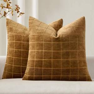 lot 48277 image: MIULEE Decorative Chenille Check Throw Pillow Covers Vintage Plaid Couch Pillows 20x20 Inch Set of 2 Neutral Boho Farmhouse Cushion Covers Modern Home Decor for Sofa Bed Living Room Brown Sugar