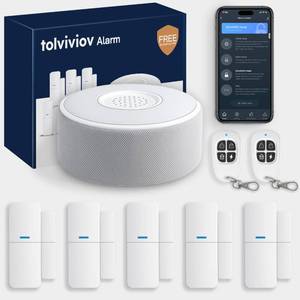 lot 48282 image: Tolviviov WiFi Smart DoorWindow Alarm System 8-Piece Kit App Alerts, Compatible with Alexa, No Monthly Fee, Expandable DIY Wireless Home Security, 1 Siren, 5 Sensors & 2 Remotes (8 Pack)