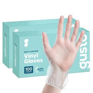 lot 48294 image: GUSTO 200 Count Disposable Vinyl Gloves Clear, Latex-Free, Powder-Free, BPA-Free Safe for Food Handling, Cooking & Cleaning - Medium (Formerly Comfy Package)
