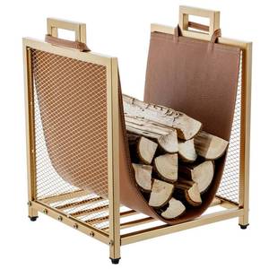 lot 48302 image: MyGift Modern Gold Tone Metal Firewood Stand with Brown Leatherette Wood Holder Sling, Wire Mesh Design and Top Carrying Handles, Compact Log Splits Kindling Storage Rack