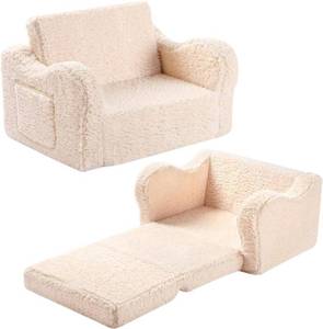 lot 111433 image: Kids Sofa, 2-in-1 Flip-Out Foam Couch with Soft Sherpa Cover, Cozy Play Lounge Chair, Cream