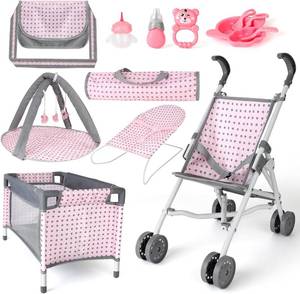 lot 111434 image: deAO Baby Doll Stroller Crib Bed Nursery Role Play Set Baby Doll with Accessories and Play Mat,Travel Cot,Bouncer,Foldable Stroller and Travel Bag Gifts for Toddlers Girls Boys