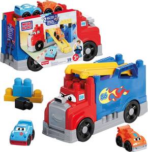 lot 111439 image: MEGA BLOKS First Builders Toddler Building Blocks Toy Set, Build & Race Rig with 19 Pieces, 2 Race Cars and Storage, Red, Ages 1 Years
